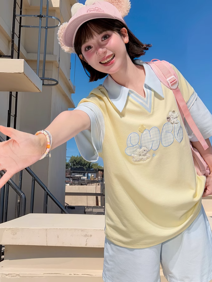 Cute Puppy Embroidery Apricot/Blue Colorblock Design Loose T-shirt Faux Two-pieces