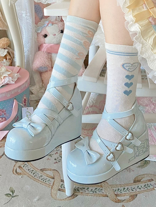 Blue Bow at Top Crisscross Sweetheart Buckle Straps Sweet Lolita Platforms