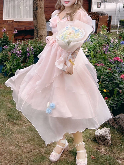 Plus Size Bowknot Details Light Pink Puff Sleeves Princess Dress Long Version