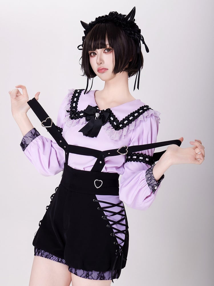 Purple Jirai Kei Lace Trimming Sailor Collar Long Sleeves Blouse