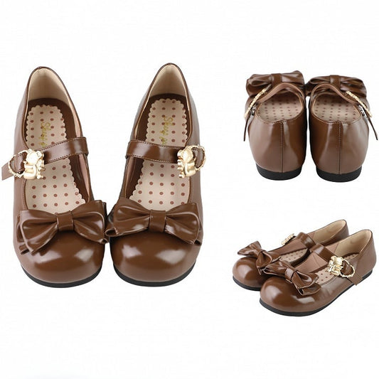 Brown Bow at Top Sweet Lolita Flats with Hugging Bear Heart Buckles
