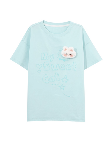 Pink/Mint Blue Round Neck Kitty Print Loose T-shirt with Kitty Plushie