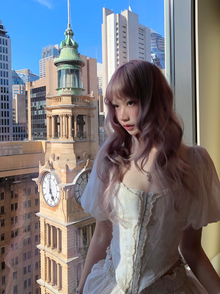 Apricot Puff Sleeve Romantic Top with Lace-Up Back