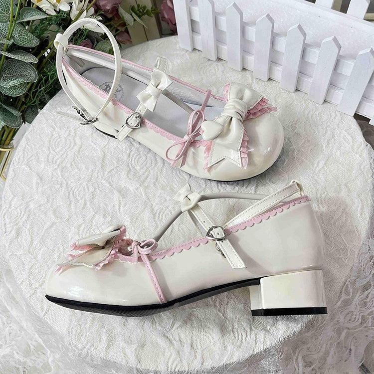 Creamy White Ruffle Trim Decorated Bow at Top 3.5CM Sweet Lolita Block Heel Mary Janes