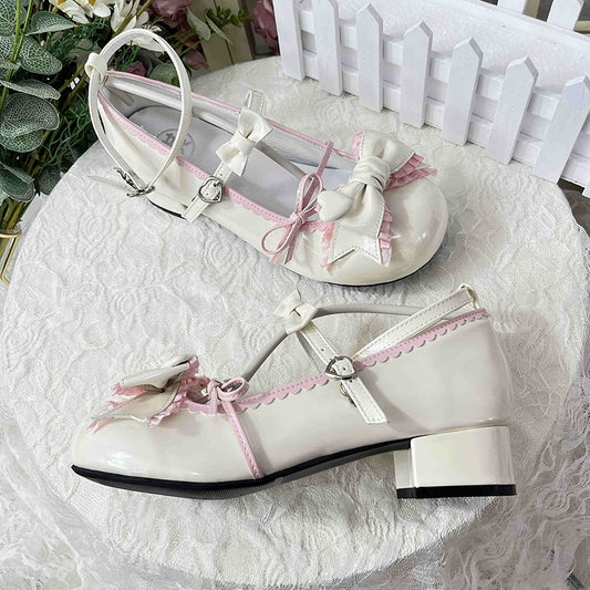 Creamy White Ruffle Trim Decorated Bow at Top 3.5CM Sweet Lolita Block Heel Mary Janes