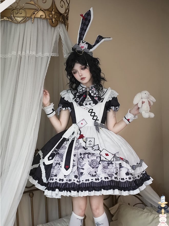Alice in Wonderland Vibes Black and White Bunny and Teapot Print Apron Dress Sweet Lolita OP / Full Set