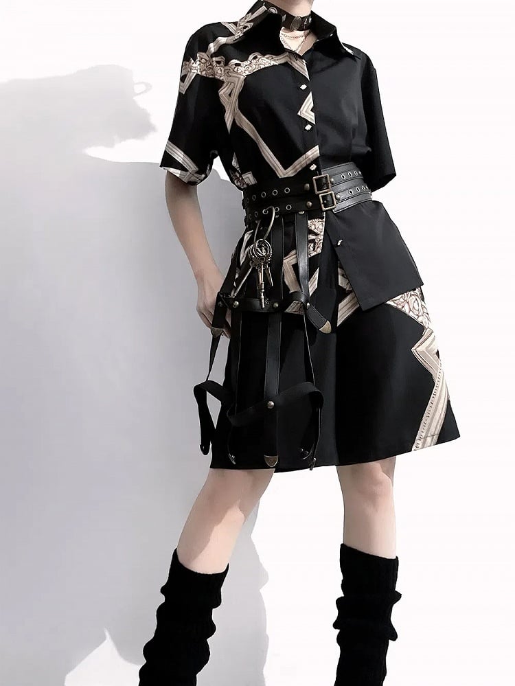 Black Asymmetrical Print Ouji Lolita Straight-leg Cut Shorts