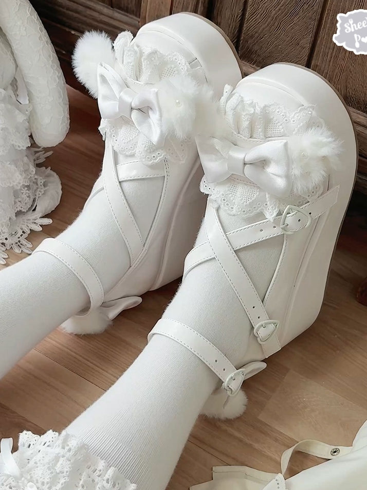 White Crisscross Design Plush Bunny Ear Decorated Bow at Top Platforms With Pompon