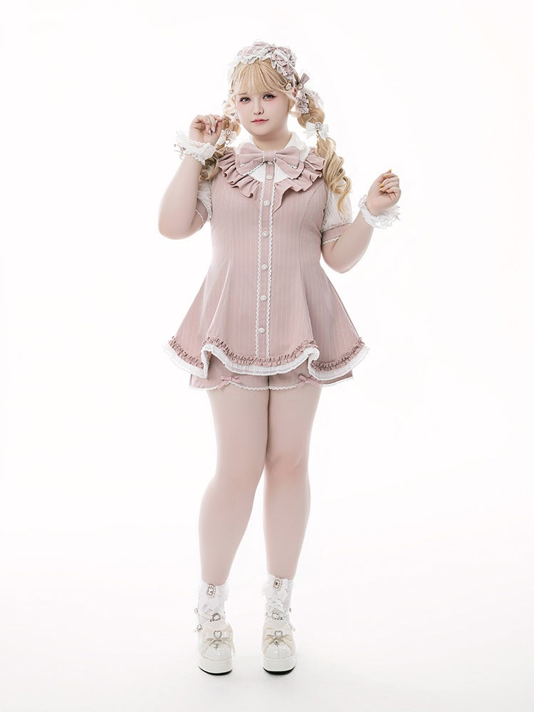 Pink Striped Jirai Kei Set: Scalloped Edge Trim Lace-up Back Top+ Shorts+ Bowknot Brooch