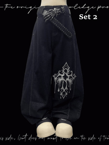 Dark Blue Cross Print Loose Wide-leg Jeans
