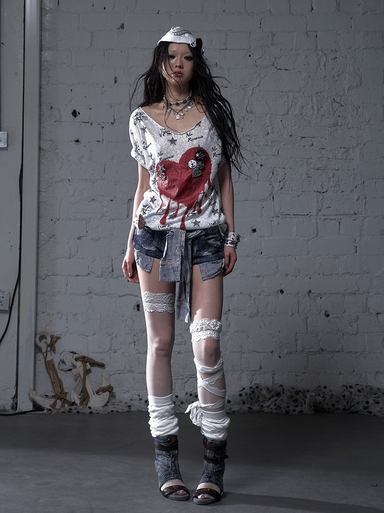 Y2K Blue Low Waist Distressed Holes Punk Bodycon Shorts with Detachable Sleeves