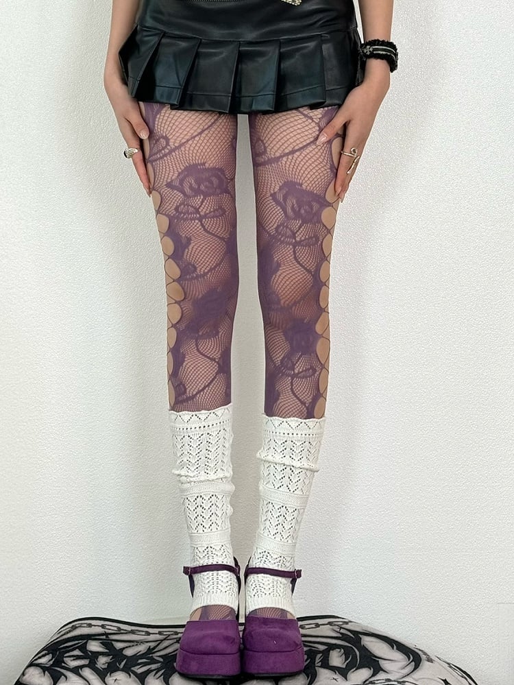 7 Color Options Y2K Cut-out Design Floral Details Tights