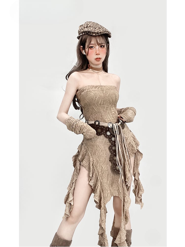 Millard Fashion Light Brown Wasteland Punk Asymmetrical Flounce Hem Strapless Dress