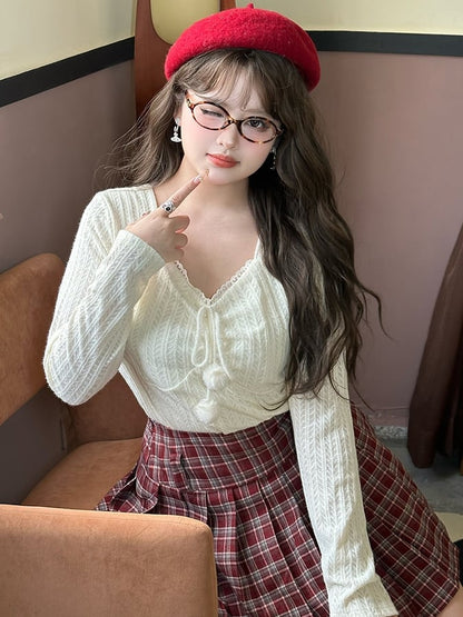 Plus Size White Pompom Accents V-neck Long Sleeves Lace Top