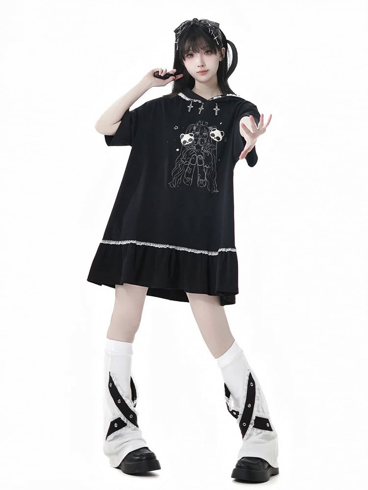 Black Cross Charms Contrast Lace Trim Bittersweet Girl Print Hooded Dress