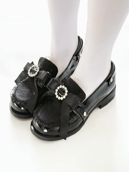 Black Bow at Top Jirai Kei Slip-in Fit Loafer Shoes