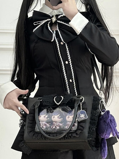 Jirai Kei Black Beaded Heart Decorated Bowknot Lace Trim Ita Bag with Free PVC Card Holder