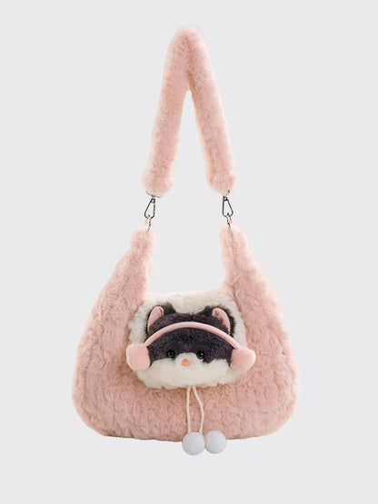 Pink Cute Kitty Plush Shoulder Bag With Pompons