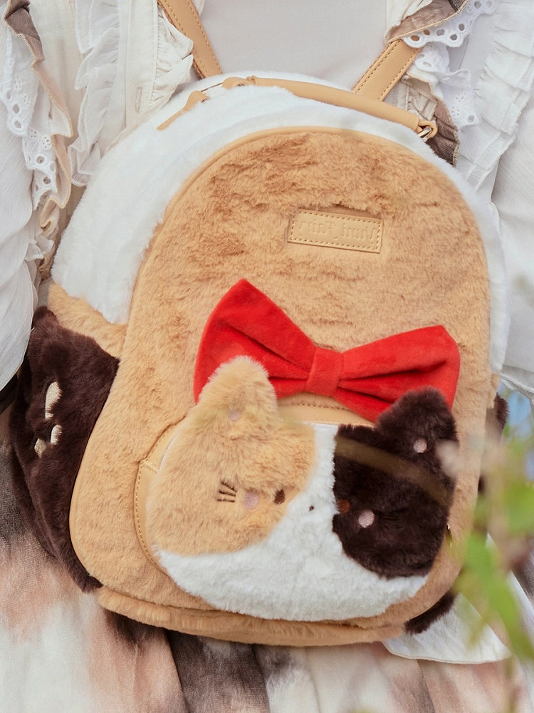 Cute Kitty Design Plush Orange & Brown Backpack with Bowknot