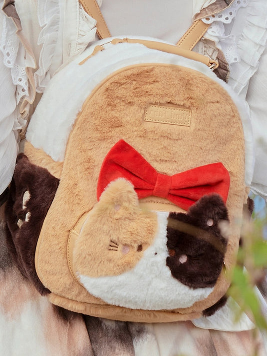 Cute Kitty Design Plush Orange & Brown Backpack with Bowknot