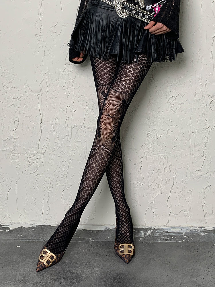 Black Gothic Diamond Pattern Hollow-out Tights