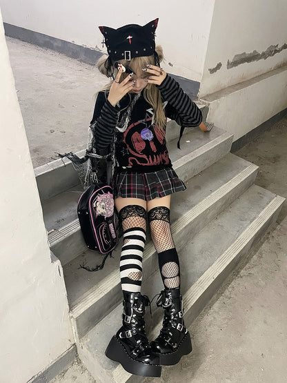 Black Skeleton and Star Print Punk Rock Cotton Top Faux Two-pieces