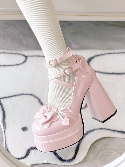 Pink Lace Trim Bow at Top Heart Buckles Crisscross Design Platform High Block Heels