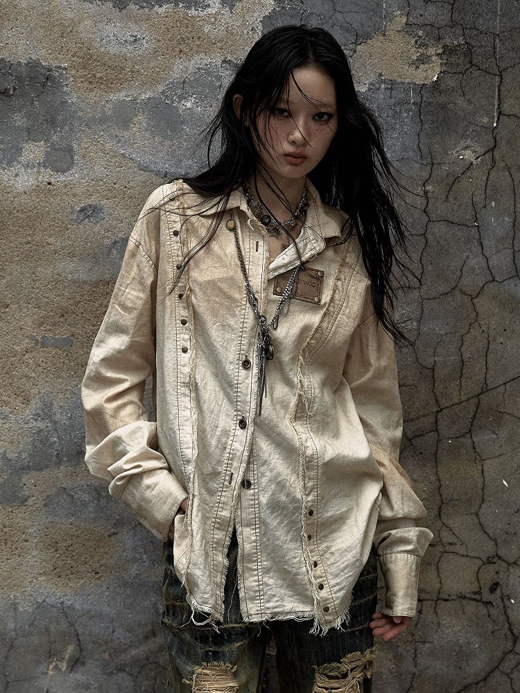Beige Star Patch Punk Studs Faded Wash Shirt Frayed Hem