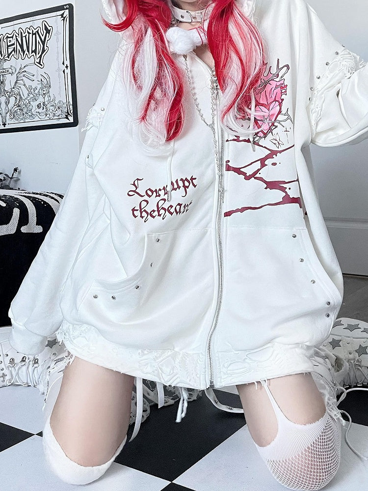 White Guro Kawaii Heart And Letter Print Studs Decorated Cat Ear Zip-up Hoodie