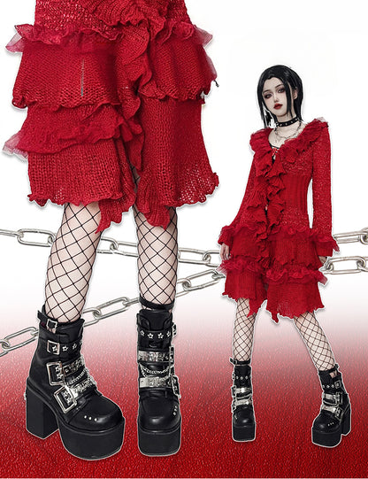 Black Punk Rectangle Metal Plates Buckle Straps Platform High Block Heels with Studs and Chain