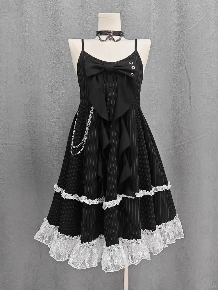 Big Bow Neckline Black Striped Cami Dress Bubble Skirt with Detachable Waist Chain