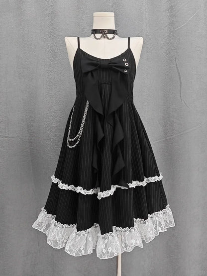 Big Bow Neckline Black Striped Cami Dress Bubble Skirt with Detachable Waist Chain