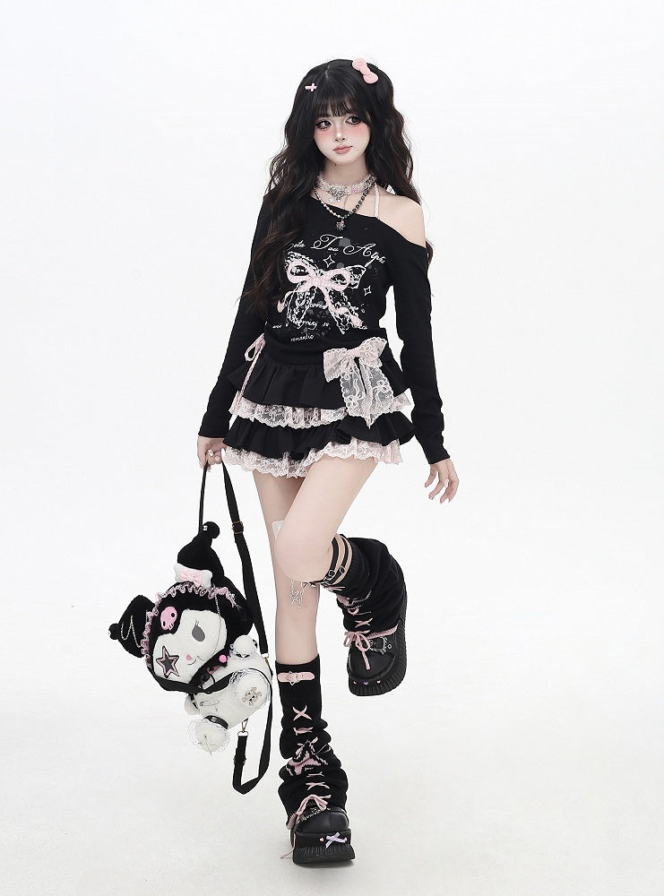 Asymmetrical Neckline Sweet Plaid Bowknot Applique White/Black Top