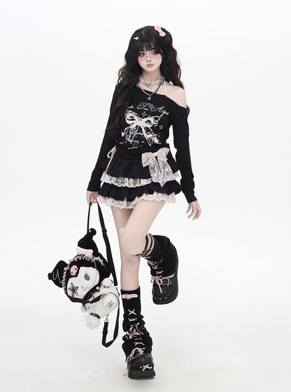 Asymmetrical Neckline Sweet Plaid Bowknot Applique White/Black Top