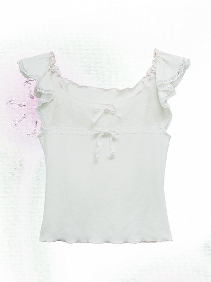 Bowknot Details White Flutter Sleeves Top