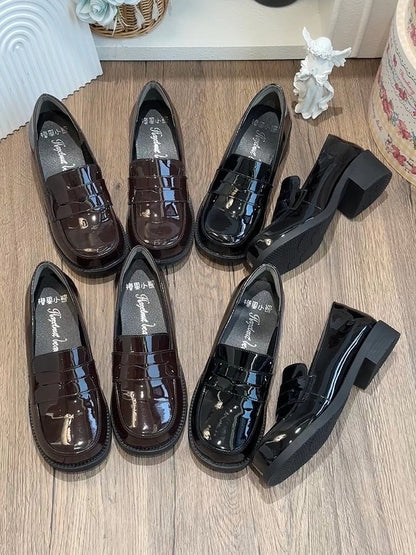 PU Black Academic Mid-Heel Shoes - Slip-On Design for School Style