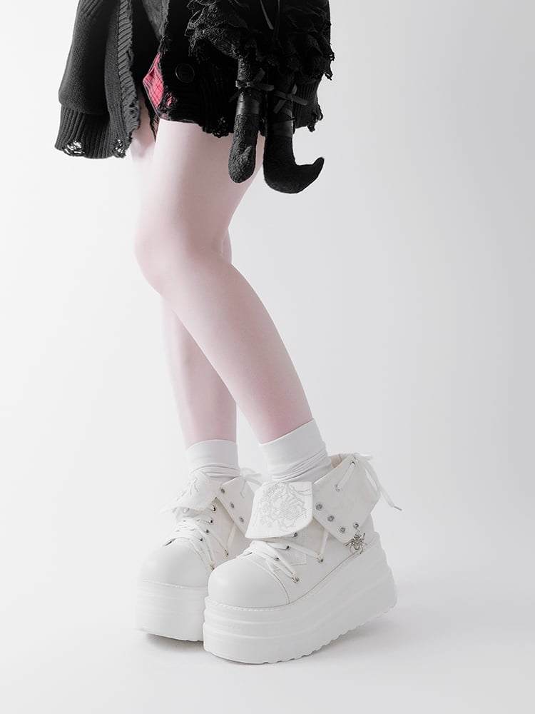 White Punk Spider Print Platform Sneakers