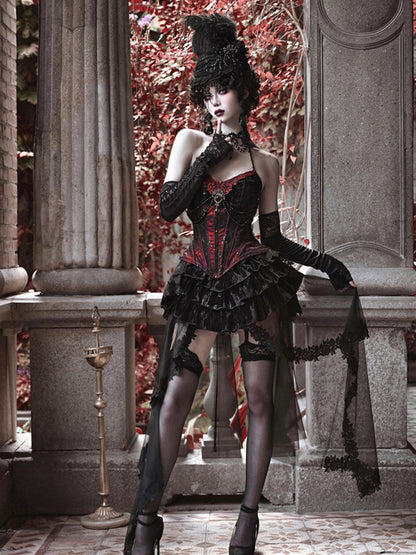 Gothic Black Velvet Tiered Skirt with Detachable Tulle Train