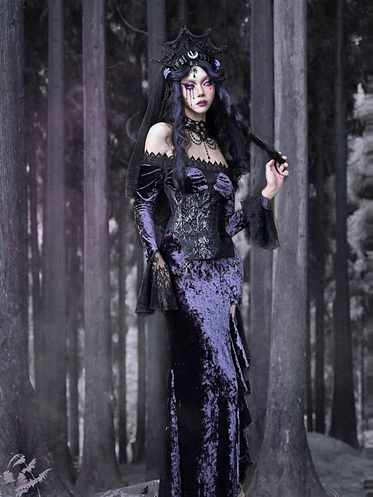 Gothic Purple Velvet High Slit Mermaid Dress