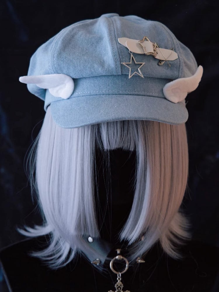 Handmade Star Buckle and Wings Light Blue Denim Hat