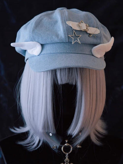 Handmade Star Buckle and Wings Light Blue Denim Hat