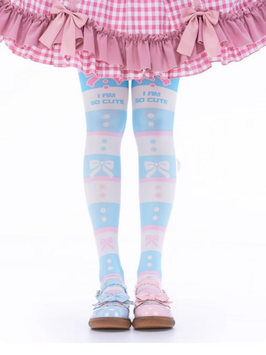 Blue and White Striped Bow Print Over Knee Stockings