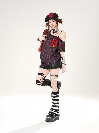 Asymmetrical Neckline Blokette Core White/Black Striped T-shirt