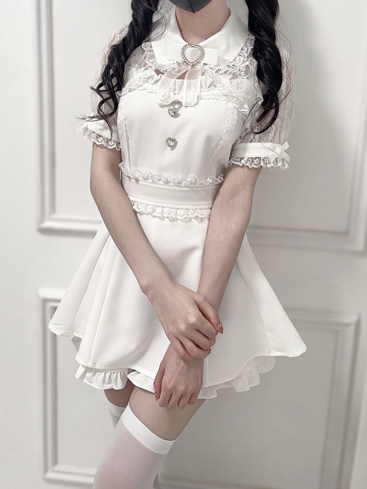 White Jirai Kei Set -Shirt Collar Sweetheart Rhinestone Decoration Lace Shawl Top + Shorts + Bowtie
