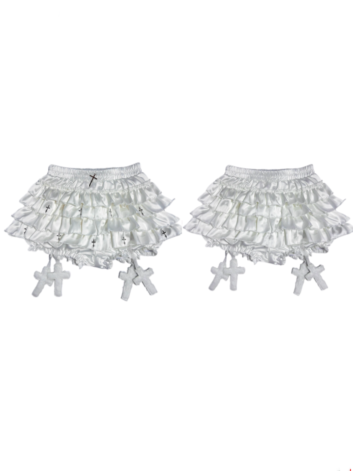 White Elastic Waist Tiered Ruffles Metal Cross Embellished Skort with Cross Charms