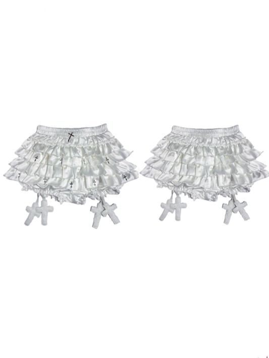 White Elastic Waist Tiered Ruffles Metal Cross Embellished Skort with Cross Charms