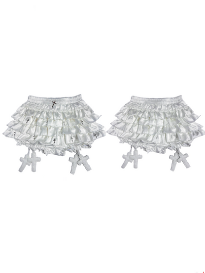 White Elastic Waist Tiered Ruffles Metal Cross Embellished Skort with Cross Charms