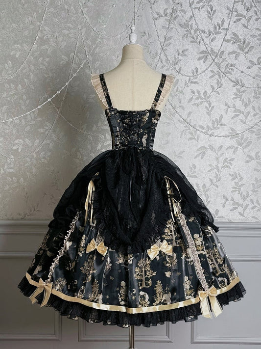 Black and Gold Corset Waist Drawstring Overlay Skirt Lolita Jumper Skirt