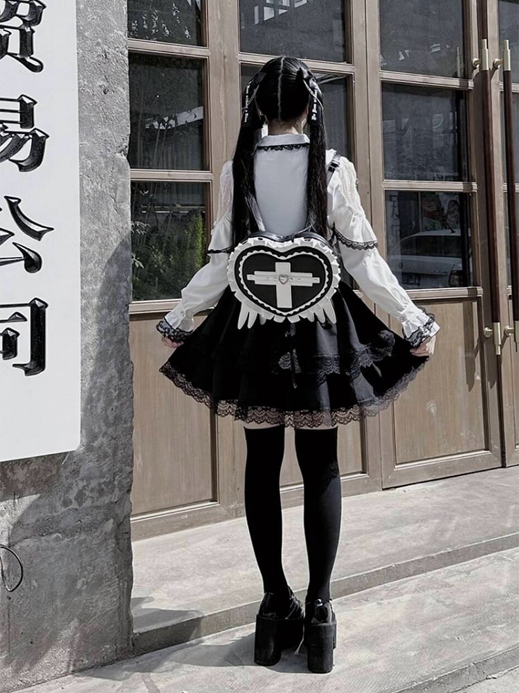 Jirai Kei Heart Backpack with Wings & Cross PU Leather in Black / Light Blue / Pink