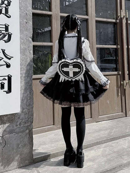 Jirai Kei Heart Backpack with Wings & Cross PU Leather in Black / Light Blue / Pink